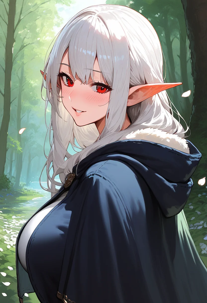 score_9, score_8_up, score_7_up, score_6_up, source_anime, <lora:GEN 0.1v:0.9>, GEN,
1girl, pointy ears, solo, red eyes, smile, elf, looking at viewer, white hair, petals, long hair, upper body, outdoors, cloak, forest, hood, blush, nature, hooded cloak, cape, shirt, hood down, parted lips, looking back, day, bangs, large breasts,