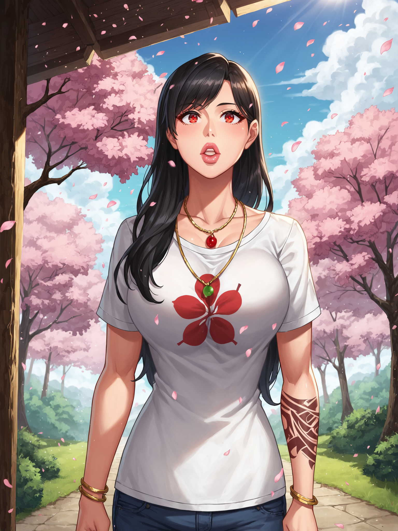 score_9, score_8_up, score_7_up, BREAK <lora:RaiouPDXL:0.5> lips, bimbo,
1girl, long hair, black hair, red eyes, cherry blossoms, tree, sunlight, detailed background, flower, intricate details, highly detailed, ultra detailed, hyper detailed, complex background, scenic, nature, path, fallen petals, glowing, sunbeams, soft lighting, highres, masterpiece, best quality, anime screencap, casual, white shirt, print shirt, necklace, bracelet, arm tattoo, standing, looking up, awe expression