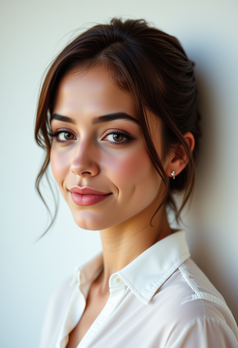 profile headshots, multiple angles, photoshoot poses; she has piercing eyes. A photo of Felip@_Busty, a woman.she is wearing a white frilly shirt. She is smiling. The background is a simple white wall. The overall mood of the image is Happy.RAW candid cinema,16mm,color graded portra 400 film,remarkable color,ultra realistic,textured skin,remarkable detailed pupils,realistic dull skin noise,visible skin detail,skin fuzz,dry skin,shot with cinematic camera,detailed skin texture,(blush:0.2),(goosebumps:0.3),subsurface scattering,beautiful photograph in the style of Augustus John,Sergio Toppi,Virginia Frances Sterrett,8k HD,detailed skin texture,ultra realistic,textured skin,analog raw photo,cinematic grain,whimsical.perfection style,aidmafluxpro1.1