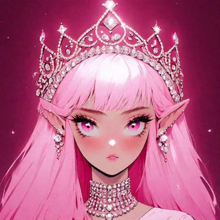 Pink haired maiden wearing a beautiful diamond studded crown, pink aesthetic, princesscore, fantasycore, intricate background, vibrant, pretty, hyperdetailed, photorealistic, dynamic lighting, inspired by nijijourney and pinterest art