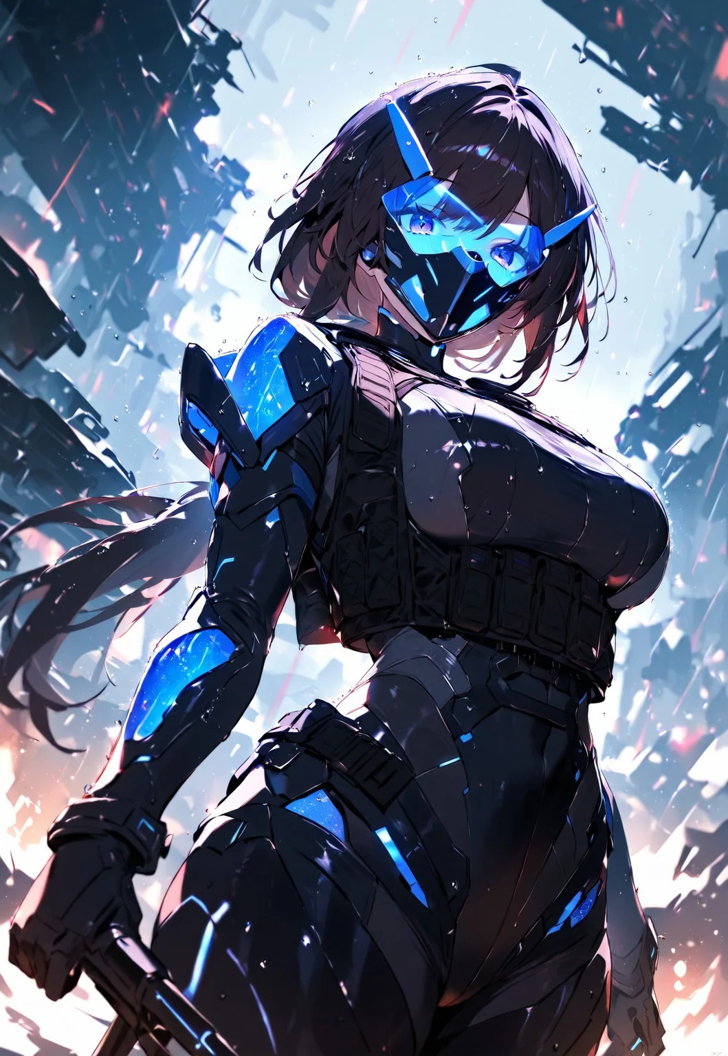 masterpiece, high score, great score, absurdres, (1girl, standing, dark hair, mask, tactical vest, futuristic armor, battlefield, rain), cowboy shot, dynamic view, looking at viewer
