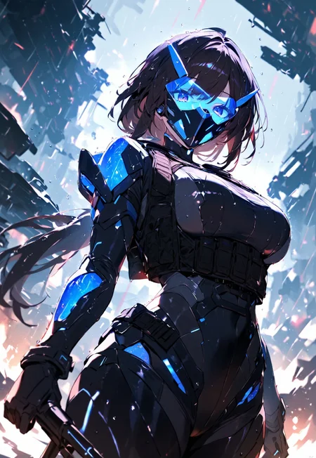 masterpiece, high score, great score, absurdres, (1girl, standing, dark hair, mask, tactical vest, futuristic armor, battlefield, rain), cowboy shot, dynamic view, looking at viewer