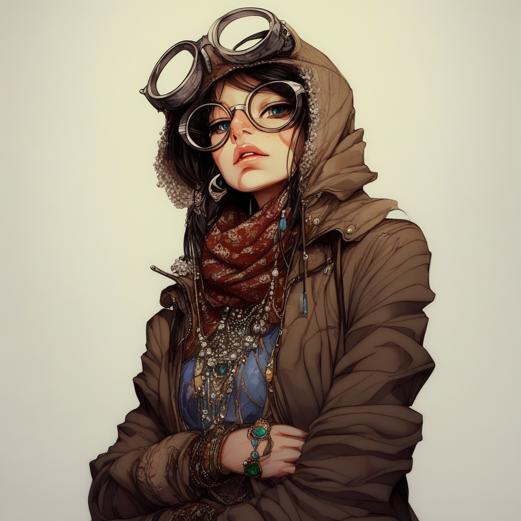 looking up, glasses, hood, boots, jacket, shirt, portrait, jewelry, traditional media