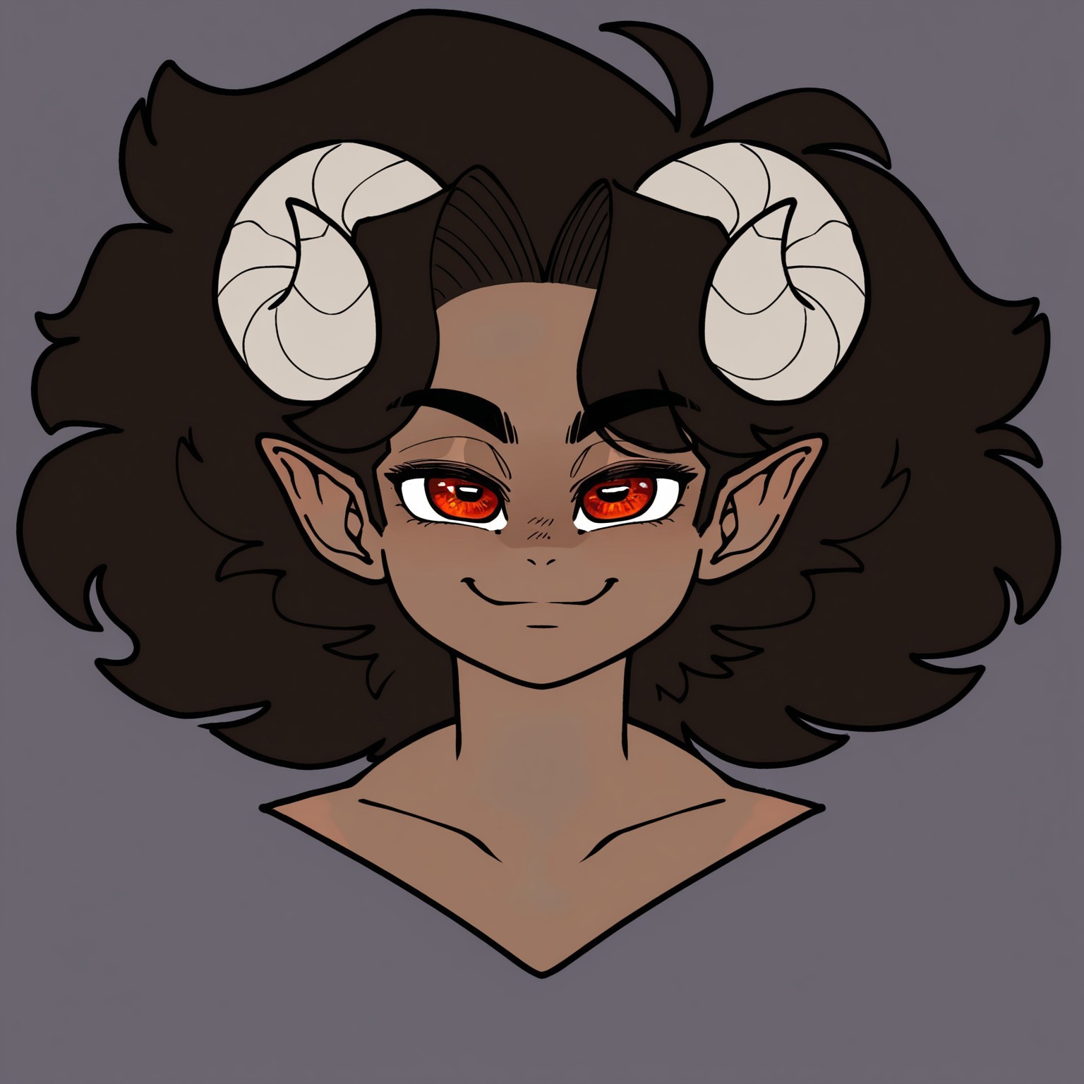 masterpiece, best quality, good anatomy, detailed face, detailed eyes, 
solo, 1boy, dio_(megokinho), dark skinned male, goat horns, pointy ears, horizontal pupils, red eyes, upper body portrait, smile, looking at viewer