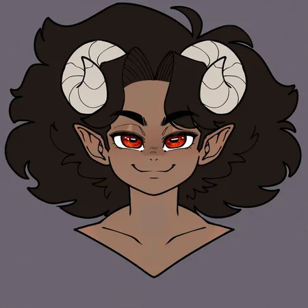 masterpiece, best quality, good anatomy, detailed face, detailed eyes,
solo, 1boy, dio_(megokinho), dark skinned male, goat horns, pointy ears, horizontal pupils, red eyes, upper body portrait, smile, looking at viewer