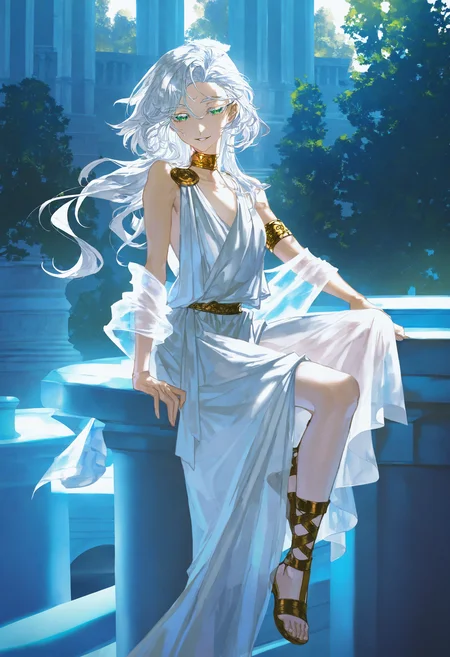 artist:[diyokama|say hana|yoneyama mai|quasarcake],
1girl, solo, toga, white dress, armlet, looking at viewer, ancient greek clothes, see-through clothes, shawl, greco-roman clothes, white hair, loose hair strand, gold choker, bare shoulders, gladiator sandals, foot dangle, parted lips, looking at viewer, colored eyelashes, long eyelashes, half-closed eyes, forked eyebrows, green eyes, smile, greco-roman architecture, tree shade, outdoors,
bright, [blue:gold:10] theme, high contrast, backlighting, spot color, impasto,
masterpeice, best quality, very aesthetic, absurdres
<lora:noobai_vpred_1_masterpieces_v23:1>