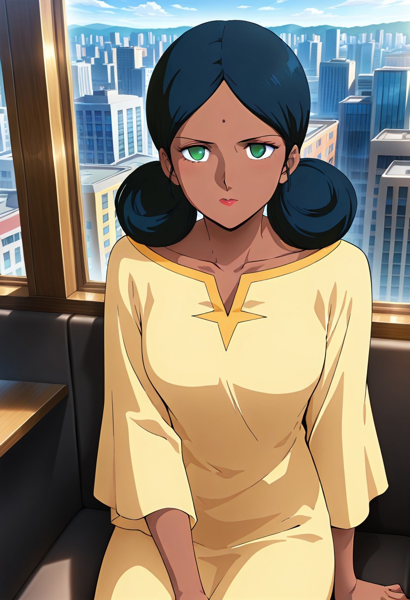((masterpiece, absurdres)), best quality, amazing quality, newest, 4k, anime coloring, very aesthetic, ray tracing, Smooth Quality, CG, source_anime,
city view,lalah, 1 female, dark skin, double bun hairstyle, blue hair, green eyes, red lips, forehead mark, yellow long dress,sitting