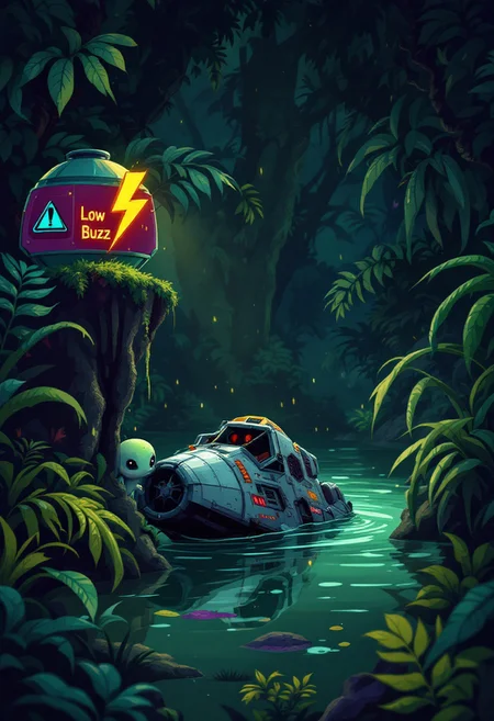 A cute curious, small alien creature peers out from behind a lush fern in the dense, vibrant jungle, investigating where a spaceship wreckage lies half-submerged in the murky water. A distress beacon on the wreckage displays a warning message: 'Low Buzz' accompanied by a striking lightning bolt symbol.