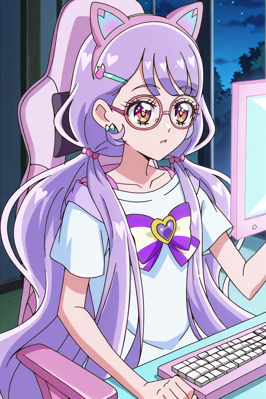 shiny skin, posing,
<lora:wonpri.il:1>,
wonpri,
gaming chair, monitor, 
night, shirt,, (purple hair:1.2), very long hair, low pigtails,
red eyes, glasses, hairpin, cat headphones,  
hairpin,