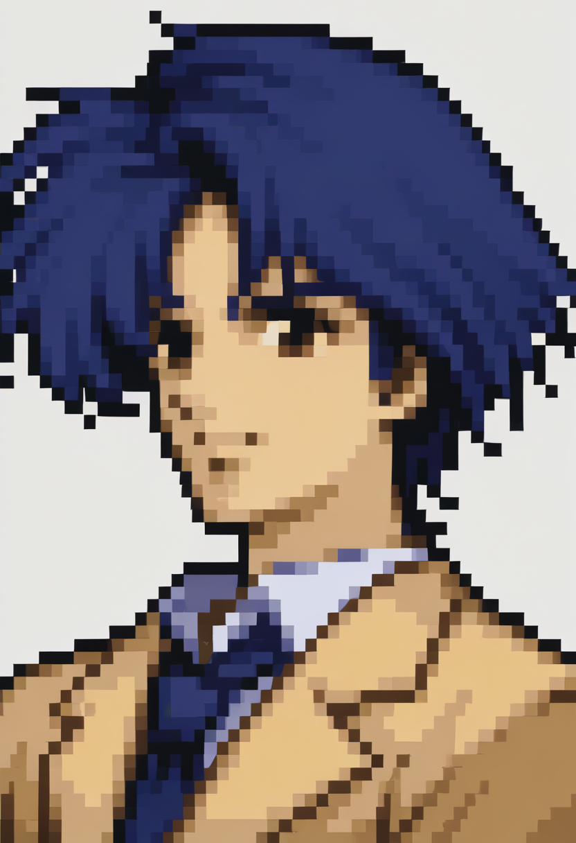 score_9, score_8_up, score_7_up, source_anime, 1boy, solo,
<lora:zs_FE4PortraitsXL:1> fe4portraits, portrait, pixel art, white background
 <lora:zs_TakumiXL:1> takumichaos, short hair, blue hair, brown eyes, blazer, shirt, blue necktie,