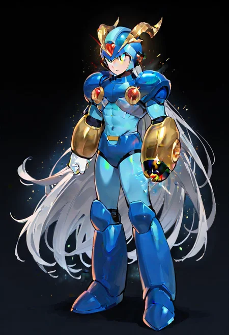 masterpiece, best quality, amazing quality, highres, high resolution, solo, score_9, score_8_up, score_7_up, 1boy, male focus, :green_eyes, blue_helmet, blue_armor, blue_bodysuit, white_gloves, blue_boots, arm cannon, very long hair, grey hair, large pectorals, ex kulve taroth alpha armor, gold horns, gold gauntlets, black knee boots, gold pauldrons full body,