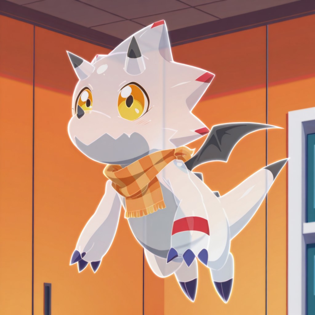 ((masterpiece, best quality, amazing quality,))  GammaGil, semi-anthro, Gammamon, ceratopsian, ghost form, outline, translucent body, white skin, yellow eyes, translucent blue neckerchief, horns, nose horn, tail, translucent character, translucent bat_wings, flying, inside, translucent orange scarf