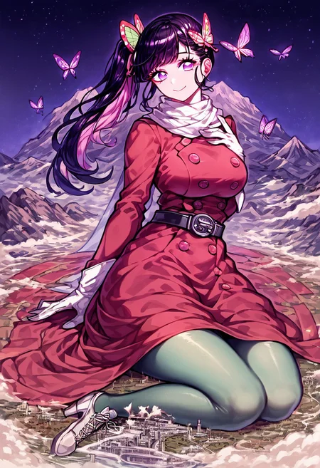 gorgeous lips, cinematic, (masterpiece), (best quality), (ultra-detailed), very aesthetic, perfect composition, intricate details, absurdres, detailed face, (anime, masterpiece, intricate:1.3), (best quality, hires textures, high detail:1.2), score_9, score_8_up, score_7_up, source_anime, 1girl, kanao tsuyuri, black hair, pink highlights, butterfly, butterfly hair ornament, purple eyes, long hair, side ponytail, ponytail, eyelashes, hair ornament, scarf, dress, red dress, long sleeves, buttons, gloves, white gloves, belt, pantyhose, green pantyhose, laced heels, white footwear, skirt, flower patterns, alternate_costume, enormous breasts, facial expression, kind, soft eyes, head tilt, slightly smiling, closed mouth, hand on breasts, goddess, planet size, giantess, growing even bigger, sitting on the city floor, gradient eyes, beautiful detailed eyes, city background, mountain landscape, city, mountain, building, skyscrapers, surrounded by tall skyscrapers, (masterpiece:1.4), (best quality:1.4), (ultra-detailed:1.2), gl0w, glow,
