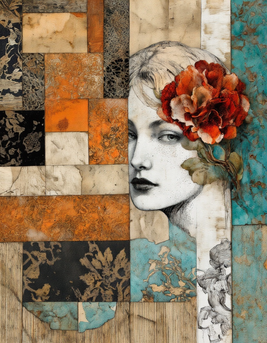 . A collage art piece featuring a portrait of a woman's face made from various pieces of paper and fabric, with intricate patterns and vibrant colors. the artwork is composed of a variety of textures and patterns, including squares, rectangles, and floral motifs, creating a visually striking composition. on the left side of the image, a woman appears to be facing the viewer, with her eyes looking directly at the viewer and her lips slightly parted. her hair is styled in a way that frames her face, and she is wearing a flower in her hair. her facial features are detailed with a mix of texture and color, including black lips and intricate patterns. the background is filled with various patterns and textures, including orange, teal, and turquoise, which create a sense of depth and dimensionality. the overall effect is one of a vibrant and captivating piece of art that is both visually striking and eye-catching.