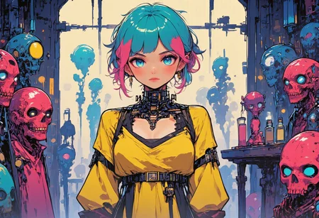 Romantic sensual blushing 27yo woman, elegant pink/green hair with two sided perfect bangs, cyan eyes, elegant elaborate dress, nice eyes, nice face, award winning Photography.
Extremely uncomfortably cringy, short messy hair, cute partially parted lips. Imaginatively stylized dew-yellow and pink dress, magical, full-length, female-body, slim waist, fit hips.
Laced dress, bright, luxury modern penthouse environment in the background.
Fantasy, perfect face and eyes, hyper-detailed hyper-maximalist dynamic style.
Intensely staring at the viewer.
Action: "She's looking at viewer over her shoulders".
Aesthetic: "Cloudy dusk".
Season: "Spring".
Look: "iridescent hair ", iridescent "crystal" choker, "iridescent outfit".
Body: "extremely realistic skin","extremely elegant short haircut".
Outfit: "extremely Intricate outfit, several body accessories glowing of complementary colored led lights". Wide range of colors.
32k resolution.
Overall detail.
Perfect eyes.
Life-like details. Cinematic. Dramatic. Dynamic. Extremely refined lines and and shapes. Extremely refined details on objects. Sharp details. Wide range of colors. Many details everywhere. Ray-Tracing. Anti-Aliasing. Realistic soft shadows. Low saturation colors. Insane quality. Insane resolution. Insane details. Masterpiece. 32k resolution. Everything brought to the absolute extreme for a dramatic effect. Perfectly balanced composition, as desktop wallpaper, subject centered and far from the edges of the picture.