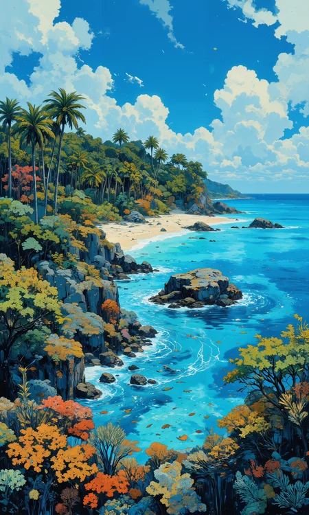 pristine tropical island, crystal-clear azure waters, powdery white sand beaches, lush palm tree forest, vibrant coral reef teeming with colorful fish, turquoise lagoons, serene natural setting, ethereal sunrise casting warm golden light, tranquil atmosphere, fine intricate details, virgin ecosystems, untouched wilderness, 8k resolution, masterpiece of natural beauty, harmonious landscape, aerial perspective <lora:NeonFantasyPrimeFLUX-000049:0.6> <lora:Blue_Future:0.8> <lora:Memadukan_Brush_Strokes_of_Fineart:0.7> <lora:Comic book V2:0.5> <lora:flux_dev:1>