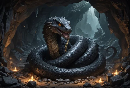Master piece, hyper realistic,pov ,look up,A massive, black, serpentine dragon coils tightly around its hoard of treasure, resting atop piles of gold, jewels, and bones within its lair. The dragon's sleek, snake-like body winds through the cavern, its scales gleaming darkly in the dim light. The cave is filled with jagged, sharp rocks, adding to the eerie atmosphere. Anyone who dares enter is overwhelmed by a sense of terror, knowing the dragon guards its treasure with deadly precision."dragon