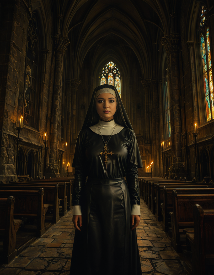 focus on a nun,A gothic scene featuring a mysterious woman dressed as a nun in a flowing black latex habit with intricate lace detailing and choker, standing solemnly inside of a G0th1c church. The atmosphere is charged with tension as an otherworldly presence seems to loom over the scene, casting eerie red and black shadows on the ancient stone. Other nuns in the background appear uneasy, their movements slow and dreamlike, as if they are being influenced by an unseen dark force. The cathedral's gothic architecture towers above with sharp spires, grotesque gargoyles, and a glowing stained-glass window radiating an unnatural crimson light.<lora:SDXLFaeTastic2400:0.4> <lora:extremely_detailed:0.4> extremely detailed, <lora:G0th1c_church:1>, Masterpiece,best quality,hi res,8k,hi res,8k,award winning,(sharp focus, intricate, highly detailed),