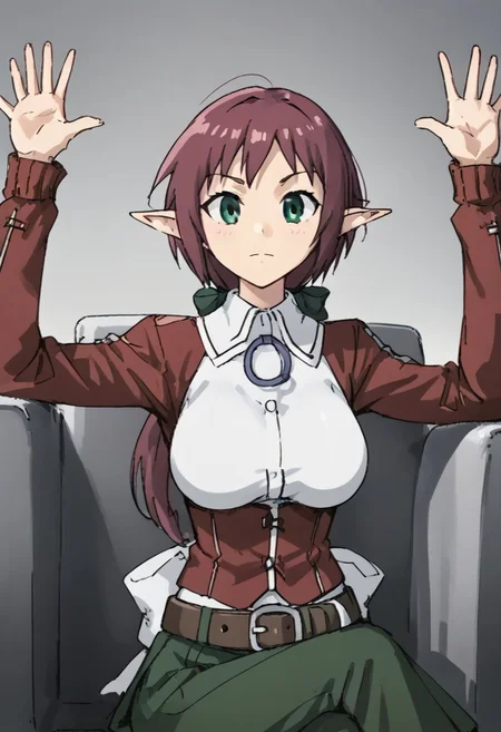1girl, solo, sardiakamoshirenai, purple hair, ponytail, green eyes, pointy ears, large breasts, white shirt, collared shirt, hair bow, pendant, red jacket, partially open jacket, long sleeves, belt, green skirt, long skirt, score_9, score_8_up, BREAK, hands up, upper body, monochrome, greyscale, sitting, crossed legs,