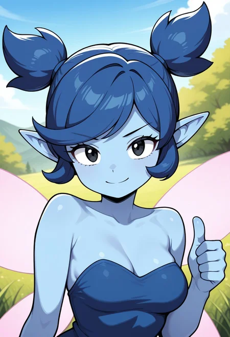 masterpiece,best quality,amazing quality,good quality, absurdres,solo,1girl,navi,fairy,colored skin,blue skin,blue hair,short hair,short twintails,bangs,pointy ears,black eyes,medium breasts,fairy wings,dress,blue dress,strapless dress,bare shoulders,closed mouth,smile,thumbs up,happy,looking at viewer,upper body portrait,outdoors,blue sky