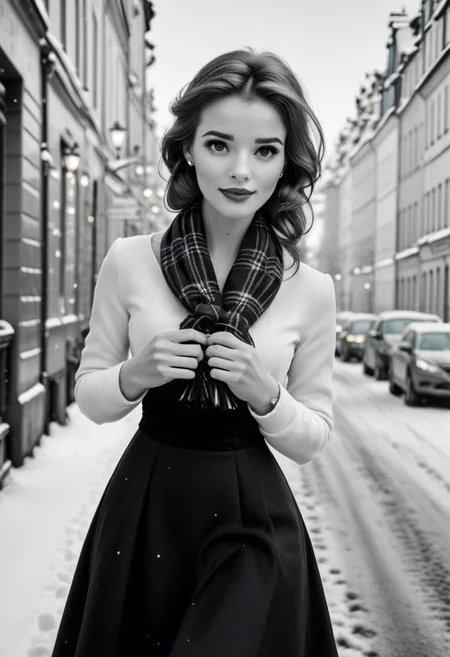 Ultra Realistic, B&W picture, Belle, elegant, classy scottish scarf, flirty, walking on snowy streets in Stockholm, B&W picture