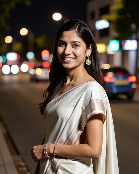 nightime photo of a well dressed desi lady, wearing a light colored Kanjeevaram Silk Saree, happy and smiling, solo focus, bright and colorful atmosphere of city light in background bokeh<lora:TestBed\DesiCoffee_Trial_Flux_LoRA_V1.safetensors:2.0:2.0>