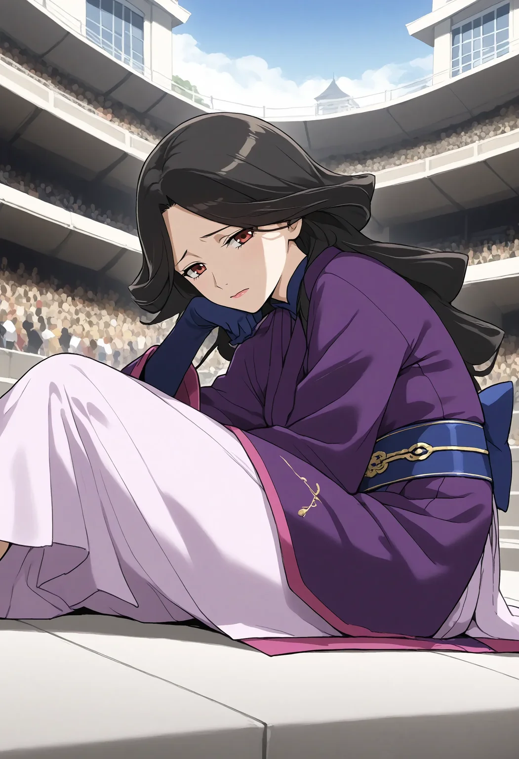 <lora:Hyper-SDXL-8steps-lora:1> <lora:Fixhands_anime_bdsqlsz_V1:1> zPDXL2, score_9, score_8_up, score_7_up, source_anime, intricate details, perfect anatomy BREAK
outdoors, city, tokyo, japan, audience, crowd, on ground, on side,  looking at viewer, elbow rest, Sad, downturned mouth, drooping eyelids, and furrowed brow., 1girl, solo, solo focus, 
<lora:GAGE-dorene_ezelcant_XL(pony)v10:1> GAGE-dorene, milf, black hair, wavy hair, red eyes, GAGE-dorene outfit, purple kimono, blue obi, black gloves, pink skirt, long gloves, long sleeves, long skirt,