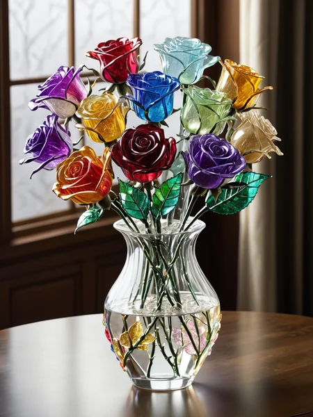 Hyperrealistic, a stunning bouquet of roses made entirely of glass shards, with each petal and stem meticulously crafted from transparent, shimmering glass. The glass petals are intricately detailed, reflecting and refracting light in a dazzling array of colors. The glass stems are slender and elegant, supporting the delicate glass roses. The bouquet is arranged beautifully in a crystal vase, which also reflects the intricate details of the glass roses. The background features a soft, neutral tone to emphasize the sparkling beauty of the glass bouquet. High detail and complexity, vibrant colors, dynamic lighting, immersive atmosphere