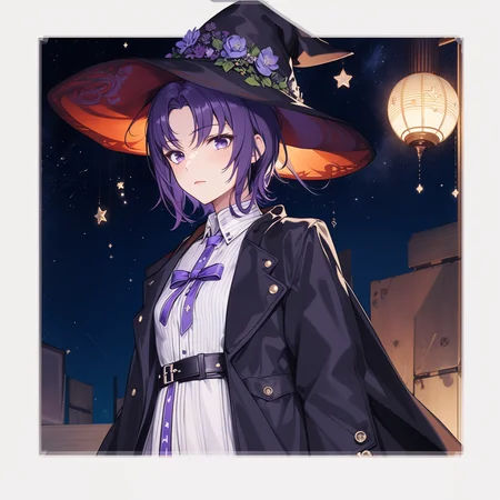 ((masterpiece:1.2, best quality)), 1girl, solo, (witch hat), dark purple hair, short hair, dress, aurora, night, star (sky), gloves, sky, white dress, night sky, starry sky, dark purple eyes, ribbon, trench coat, hair ribbon, cape, magic, casting spell, dark clouds, night, (art nouveau:1.4), (tarot:1.3), alphonse much,sideburns,(long coat:1.5),toga,robe,cassock,upper body,