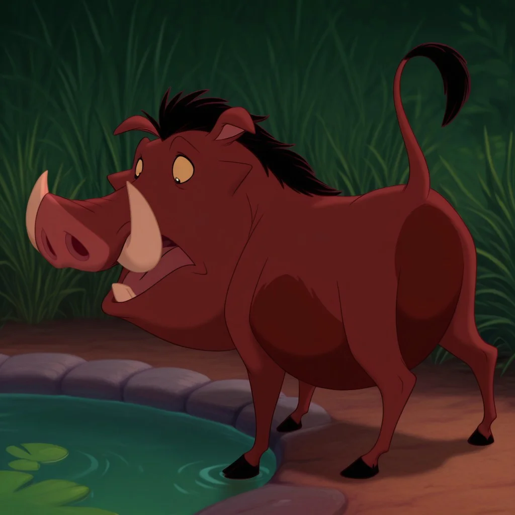 masterpiece, best quality, amazing quality, Pumbaalkil, feral, male, warthog, brownish-red fur, tusks, yellow sclera, black eyes, black hair, black tail tuft, hooves, drinking from a pond,