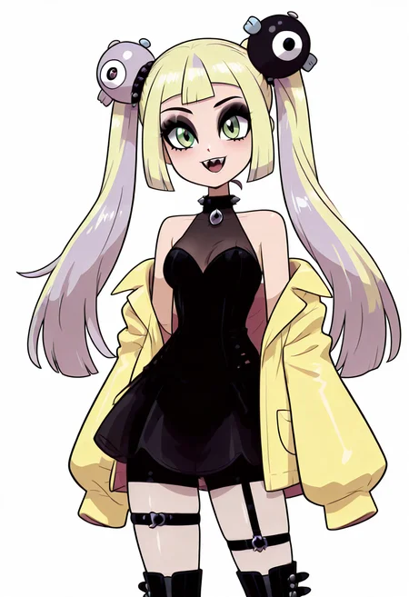 (masterpiece, best quality, good quality, very aesthetic, absurdres, newest:1.2), medium breasts, (curvy), BREAK, zzLillie, solo, twintails, eyelashes, hair ornament, (blonde hair:1.3), character hair ornament, sleeveless shirt, yellow jacket, oversized clothes, sleeves past wrists, sleeves past fingers, thigh strap, bike shorts, grey pantyhose, single leg pantyhose, cosplay, boots, grey footwear, iono (pokemon), <lora:LilliePokemon_NAI:1.3>,, two-tone hair, purple hair, makeup, eyeshadow, black lips, dress, black boots, knee boots, spikes, spiked collar, gothic,smile, looking at viewer, cowboy shot, <lora:VampieNAI:1.0>,