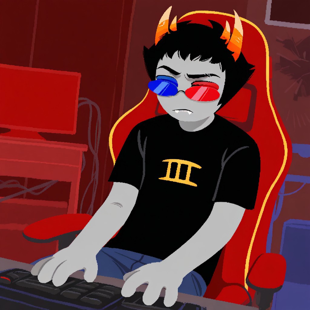1boy, solo, male focus, scruffy, Sollux Captor, grey skin, black hair, short hair, horns, fangs, red and blue glasses, sunglasses, colored sclera, heterochromia, masterpiece, best quality, amazing quality, very aesthetic, absurdres, newest, messy apartment, sitting on gaming chair, bored, dynamic angle, lineless