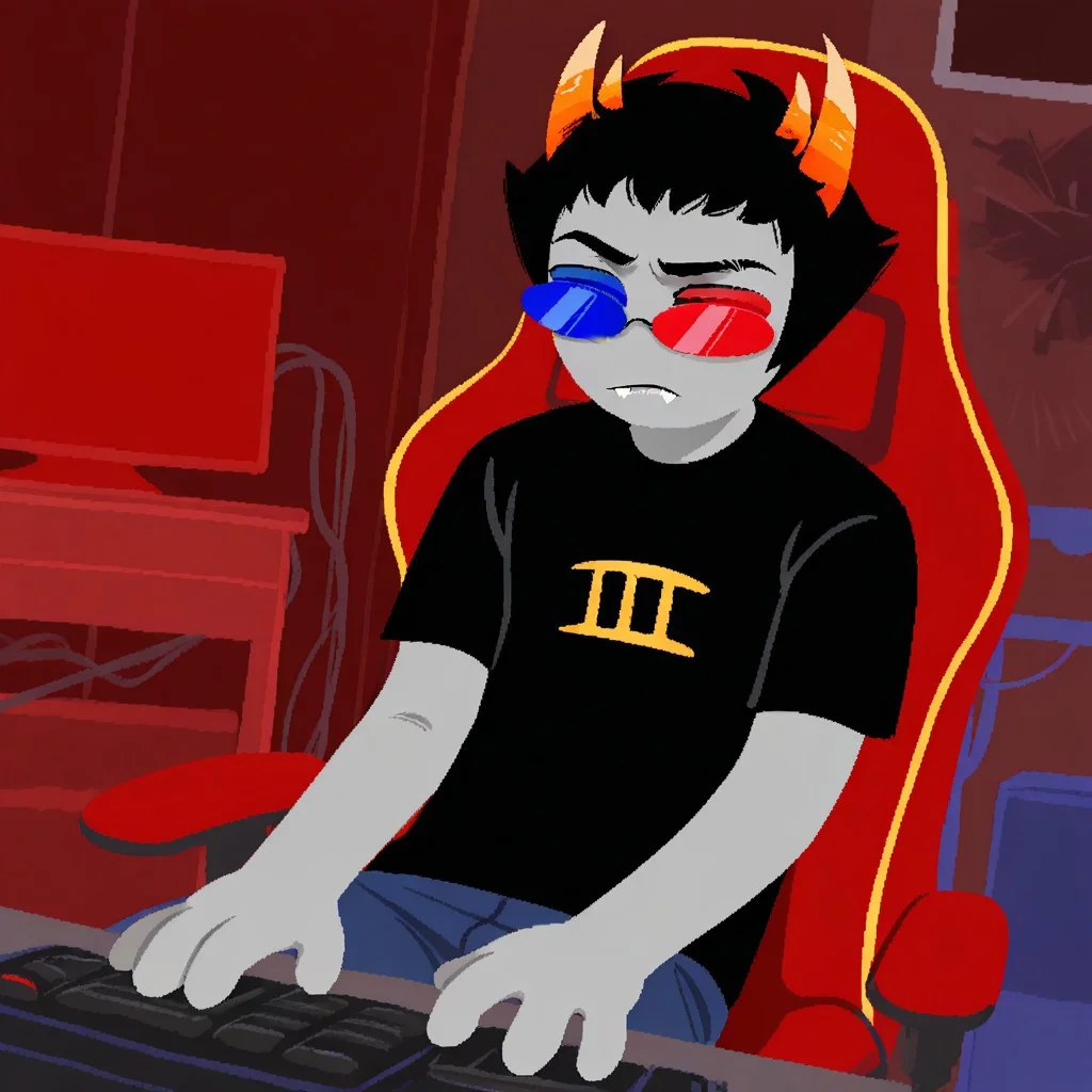 1boy, solo, male focus, scruffy, Sollux Captor, grey skin, black hair, short hair, horns, fangs, red and blue glasses, sunglasses, colored sclera, heterochromia, masterpiece, best quality, amazing quality, very aesthetic, absurdres, newest, messy apartment, sitting on gaming chair, bored, dynamic angle, lineless