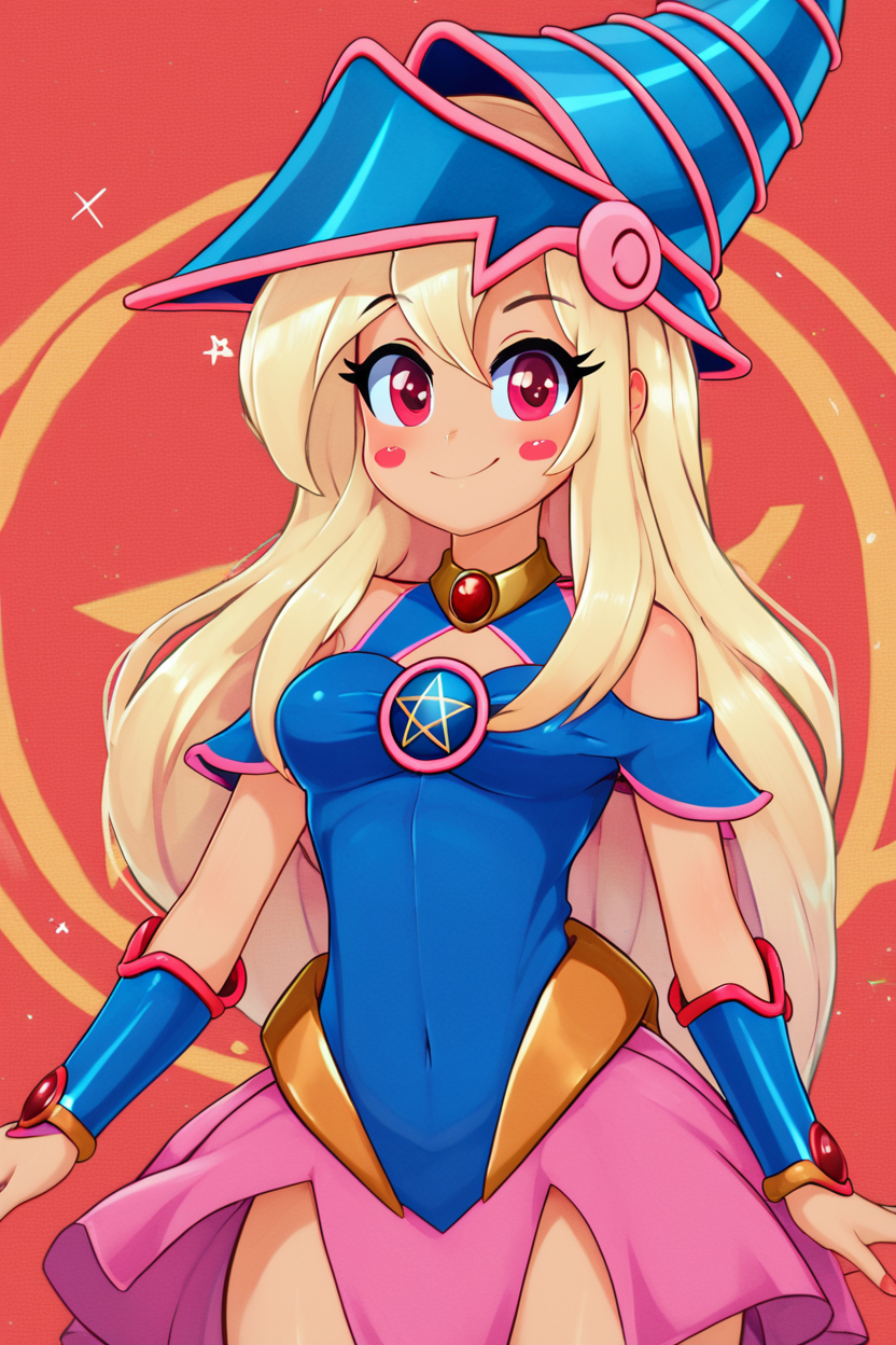 score_9, score_8_up, score_8, large breasts, (curvy), cute, eyelashes,       ,,, , ,,, zzPrismagicCitronOC, hair between eyes, red eyes, blonde hair, long hair, blue headwear, wizard hat, bare shoulders, detached sleeves, pentacle, dress, blush stickers,  <lora:Prismagic_CitronOC_PDXL:0.8>,     ,,,, BREAK, smile, looking at viewer, cowboy shot, ,,, embedding:zPDXL, <lora:theButcherXPDXL:0.8>,