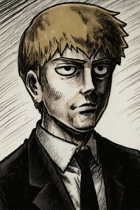 <lora:ReigenXL:0.8>, ReigenXL, white collared shirt, black necktie, 1boy, solo, alone, <lora:mob_psycho_funny_face_illustriousXL:0.8>, mob_psycho_funny_face, male focus, monochrome, greyscale, impact lines, meme, parody