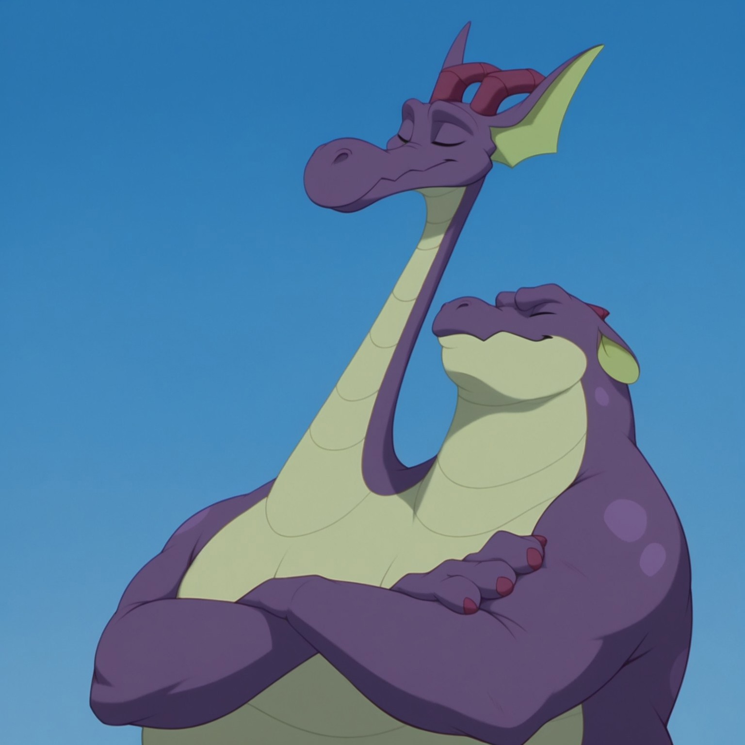 score_9, score_8_up, score_7_up, Expressiveh, masterpiece, best quality, highly detailed, realistic, (zPDXL3), 1boy, solo, (DevCor, furry, anthro, scalie, dragon, 2 heads, multi head, dark-red horns, purple body, two tone body, overweight anthro, close-up, light-green body, light-green inner ear), smile, closed mouth, (blue background, simple background), (((looking at viewer, arms crossed, eyes closed, 4 fingers)))