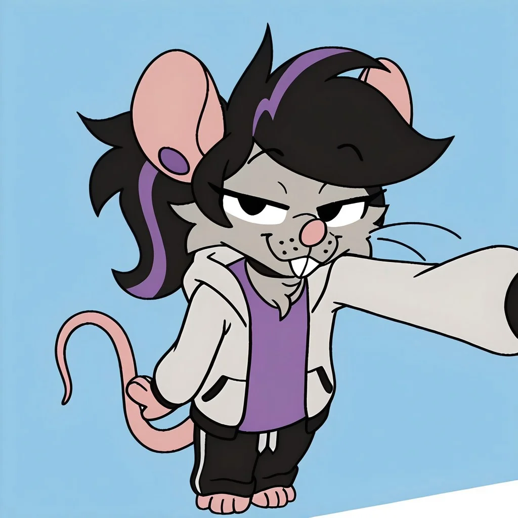 high quality, detailed, detailed eyes, best quality, ultra-high res, intricate details, amazing quality, newest, high res, masterpiece, extreme detail, mikus-concept, smug standing pose, full body, bellow view, top view, M0lly_r4tt0, line art, flat colors, rat, solo, female, black hair, swept bangs, purple highlights, ponytail, purple ear piercing, grey fur, grey body, cheek tuft, pink nose, buckteeth, black eyes, eyelashes, choker, sweatpants, baggy topwear, grey hoodie, open clothing, purple shirt, long sleeves, rat tail, barefoot, pink feet,