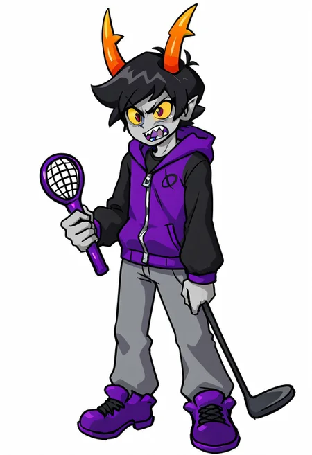 1boy, solo, short hair, black hair, grey skin, yellow sclera, male focus, black hair, colored skin, hood, full body, pants, hoodie, white background, zipped jacket, shoes, grey pants, standing, scared, purple footwear, sharp teeth, troll, purple tears, horns, holding golf club, zipper,
BREAK,
three-quarter view,
BREAK,
fnf