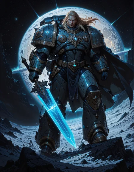 masterpiece, best quality,high quality, newest, highres,8K,HDR,absurdres, iLLemanR40K, 1boy, blue eyes, power armor, holding a sword, on the moon, space, <lora:iLLemanR40K:1> <lora:iLLMythG0thicL1nes:0.8> G0thicL1nes