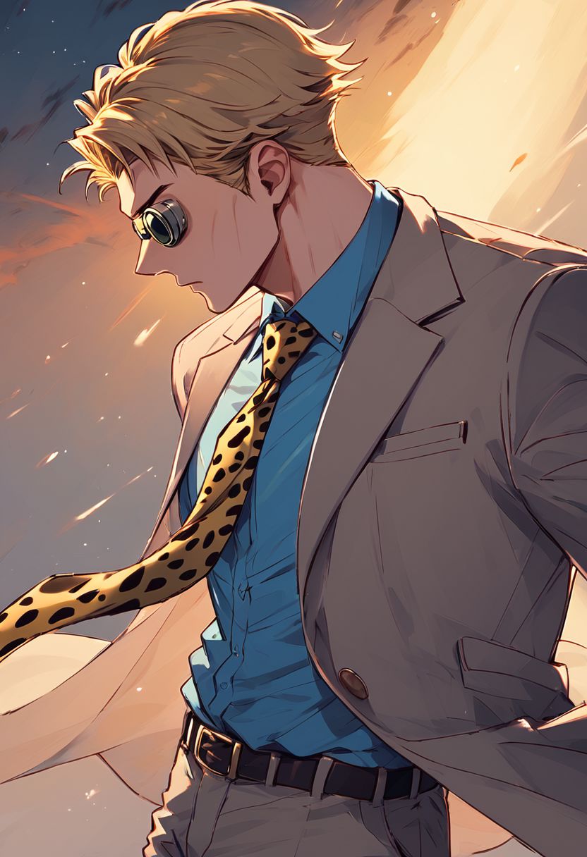 score_9, score_8_up, score_7_up, 1boy, dynamic lighting, Kento Nanami, blonde hair, short hair, goggles, grey jacket, yellow necktie, leopard print, blue shirt, collared shirt, grey pants
