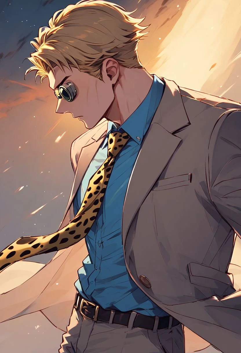 score_9, score_8_up, score_7_up, 1boy, dynamic lighting, Kento Nanami, blonde hair, short hair, goggles, grey jacket, yellow necktie, leopard print, blue shirt, collared shirt, grey pants