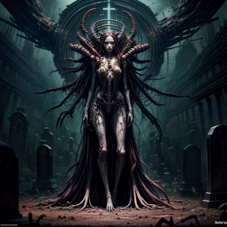 masterpiece,best quality,absurdres,high details,8K,photorealistic,at distance,cowboy shot,1girl,amaizing body,long hair,makeup,outstretched arms,full body front photo,symmetrical pose,necromancer,bones ornament,(graveyard:1.4),skeletons come out of the ground,<lora:Concept_-_More_Details_v1.0:1>,<lora:EvilM:0.3>,creature,ancient,dark,evil,<lora:Concept_-_Hella-sthetic_v2:0.7>,, intricate, elegant, highly detailed, symmetry, magical atmosphere, sharp focus, majestic, very coherent, radiant, advanced, cinematic, artistic, fine detail, winning, beautiful, stunning, dramatic light, designed, rich deep colors, perfect professional background, ambient, tailored set composition
