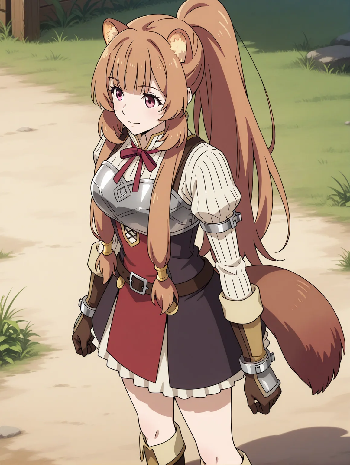 (red dress striped sweater red neck ribbon breastplate belt brown gloves knee boots:1.50),
tny-raphtalia, pink eyes, brown hair, sidelocks, blunt bangs, raccoon ears, raccoon tail,
medium breasts, 1girl, solo, skinny,
(masterpiece, highres, ultra-detailed,very aesthetic, best quality, absurdres, high quality, highres),
light smile,
,
(:1.20),
BREAK,
,
ponytail
<lora:tny-raphtalia-V01-illXL:0.80>