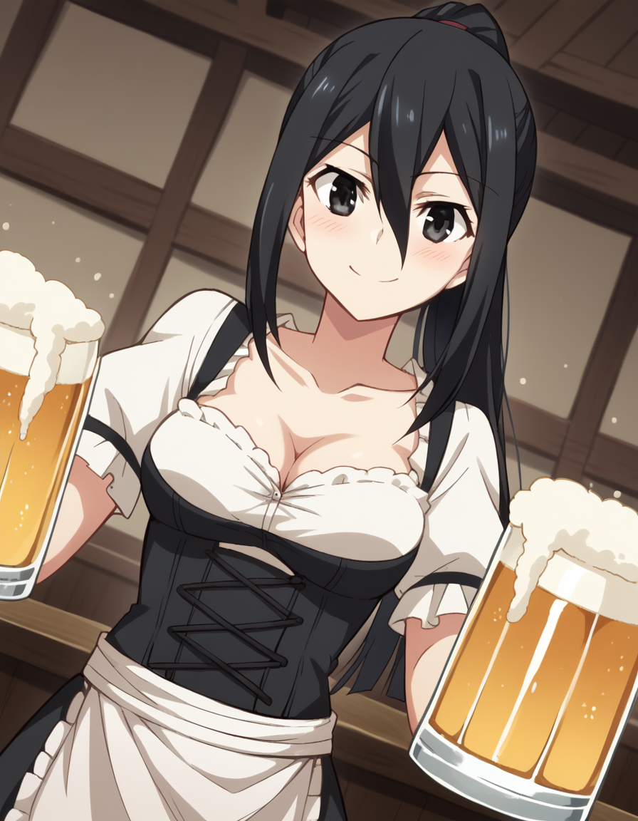 score_9, score_8_up, score_7_up, source_anime, <lora:ryouko-kusakabe-s2-ponyxl-lora-nochekaiser:1>, ryouko kusakabe, long hair, black hair, hair between eyes, black eyes, medium breasts, ponytail,, <lora:dirndl-ponyxl-lora-nochekaiser:1>, dirndl, german clothes, beer mug, collarbone, cleavage, beer, underbust, waist apron,, indoors, bar, smile, blush,, , cowboy shot, dutch angle