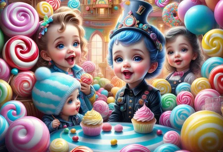 whimsical adorable realistic hyper realistic detailed , hyper detailed coherent faces sharp features, in candy house, industrialpunk pastel watercolor, hyper detailed, digital painting , backlit, hyperrealistic, octane rendered bright pastel color, vibrant, cinematic, ornate well rendered, intricate, detailed Abraham Hunter tom wood mark ryden marcus jones, very detailed digital art illustration theater lighting, movie poster quality, center shot, unreal engine 5, sharp focus, ray tracing, hyperdetailed Tomasz Alen Kopera maximalism futuristic 8K polished masterpiece, drone photography