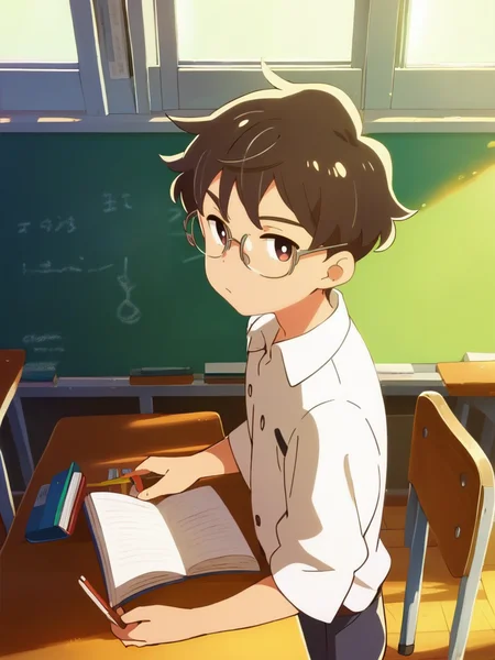 score_9, score_8_up, score_7_up, 1boy, short hair, glasses, cowboy shot, classroom, big window, holding a book, looking at viewer, serious, nostalgic vibe, white shirt, male child, front, dynamic angle, very cute, from above, table, solo, from side,
<lora:StudioColorido_Style:1>StudioColorido,