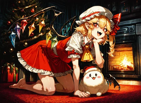 1girl,flandre_scarlet, :3, :d ,ascot, barefoot ,blonde_hair ,blush, collared_shirt , crystal_wings, fang, frilled_skirt, frills, hand_on_own_chin ,hat, hat_ribbon, heart ,looking_at_viewer ,mob_cap ,multicolored_wings, open_mouth ,puffy_short_sleeves, puffy_sleeves ,red_eyes ,red_ribbon, red_skirt ,red_vest ,ribbon ,shirt ,short_hair ,short_sleeves,itting ,skir,t skirt_set ,smile, solo, vest ,white_hat, white_shirt ,wings ,yellow_ascot,
chrlib, scenery, indoors, living room, night, oven, christmas tree, christmas ornaments, red carpet,
, Fishine,ireading ,noya_makoto ,quasarcake, retro_artstyle, retro,looking_at_viewer ,
masterpiece, best quality, amazing quality, very aesthetic, absurdres, newest, <lora:ponyv5_noobE11_1_adamW:0.6>, <lora:add-detail-xl:0.5>, <lora:cfg_scale_boost:0.5>, <lora:retro_scifi_artstyle:0.6>, <lora:USNR STYLE_XL_loha:0.6>, <lora:Christmas living room:0.6>