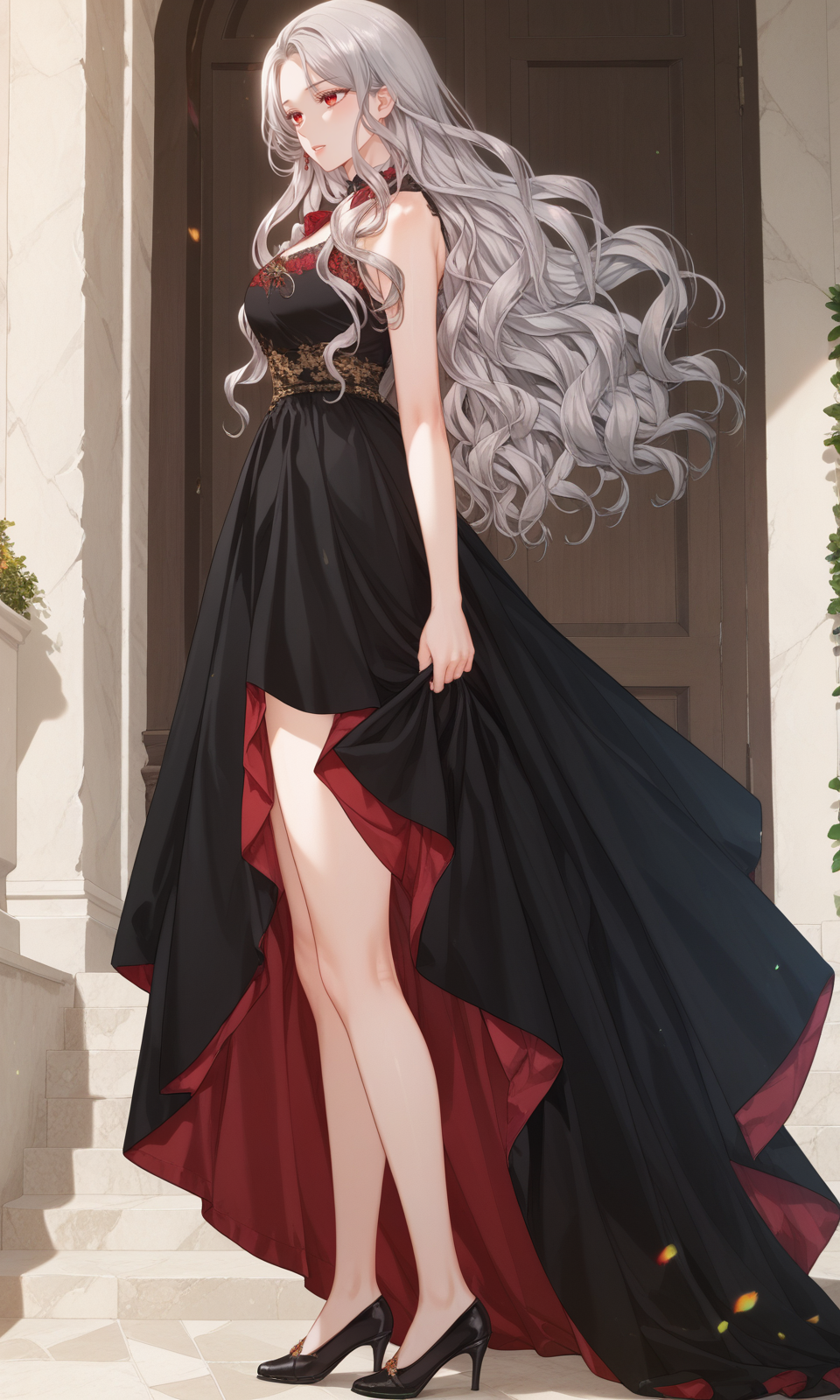zPDXL3, score_9_up, score_8_up, score_7_up, (Anime_source),Masterpiece,(perfect female body:1.2), small waist,(incredibly detailed:1.4), slim, beautiful fingers, beautiful white skin, Beautiful clear skin, (huge breasts:1.1) (large breasts:1.1) (thick thighs:1.2) arne, 1girl, red eyes, grey hair, long hair, wavy hair <lora:Arne_-_Lips_On_The_Tip_Of_a_Knife__ManhwaWebtoon-000005:1> standing, black dress, full body, from side, from behind, looking back, clothes lift,