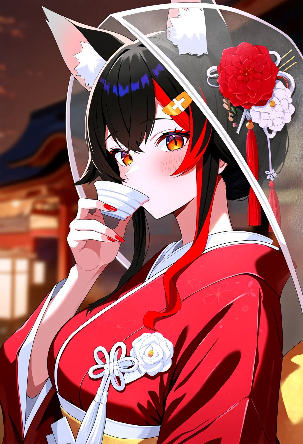 very awa, masterpiece, best quality, year 2024, newest, highres, absurdres, <lora:age_slider_v4:3> <lora:thicc_v1.4-pony:1.2>,detailed_background,outdoors,wolf girl,black hair,makeup,blurry background,indoors,animal ear fluff,sakazuki,slit pupils,1girl,hololive,wolf ears,tako 8 yaki,multicolored hair,streaked hair,see-through headwear,red nails,sidelocks,yellow eyes,from side,kimono,drinking,japanese clothes,ookami mio,upper body,virtual youtuber,blurry,depth of field,see-through clothes,hiki furisode,wedding,shiromuku,alternate costume,cup,crossed bangs,looking at viewer,blush,holding,animal ears,red streaks,flower,uchikake,solo,hair flower,komachi beni,wataboushi,hair ornament,holding cup