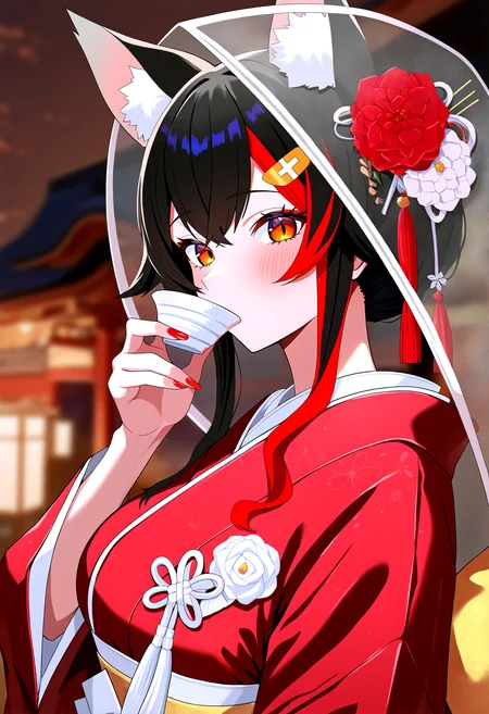 very awa, masterpiece, best quality, year 2024, newest, highres, absurdres, <lora:age_slider_v4:3> <lora:thicc_v1.4-pony:1.2>,detailed_background,outdoors,wolf girl,black hair,makeup,blurry background,indoors,animal ear fluff,sakazuki,slit pupils,1girl,hololive,wolf ears,tako 8 yaki,multicolored hair,streaked hair,see-through headwear,red nails,sidelocks,yellow eyes,from side,kimono,drinking,japanese clothes,ookami mio,upper body,virtual youtuber,blurry,depth of field,see-through clothes,hiki furisode,wedding,shiromuku,alternate costume,cup,crossed bangs,looking at viewer,blush,holding,animal ears,red streaks,flower,uchikake,solo,hair flower,komachi beni,wataboushi,hair ornament,holding cup